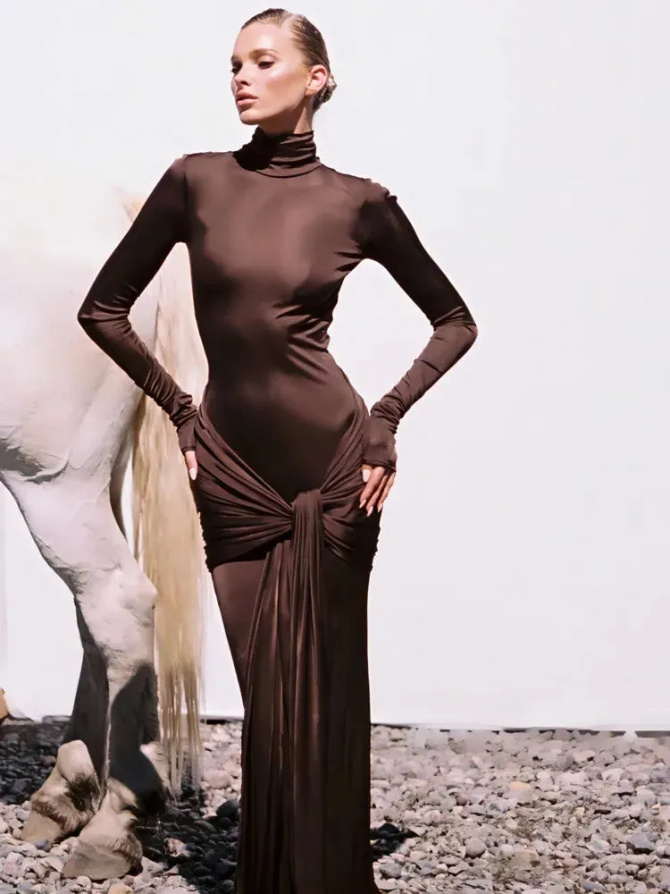 High Neck Long Sleeve Bodycon Dress Tight Elastic Lace Up Maxi Long Dress Autumn/Winter New Fashion Party Club Dress