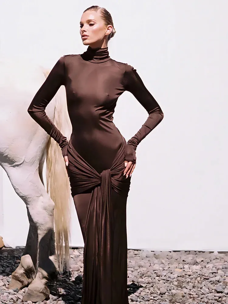 High Neck Long Sleeve Bodycon Dress Tight Elastic Lace Up Maxi Long Dress Autumn/Winter New Fashion Party Club Dress