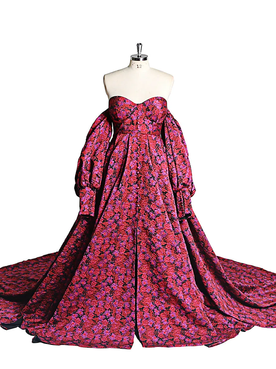 High-Quality Elegant Jacquard Floral Evening Dress Long Sleeve Retro Prom Gown Photo Shoot Dress YEWEN YW221031