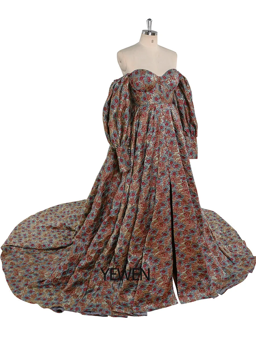 High-Quality Elegant Jacquard Floral Evening Dress Long Sleeve Retro Prom Gown Photo Shoot Dress YEWEN YW221031