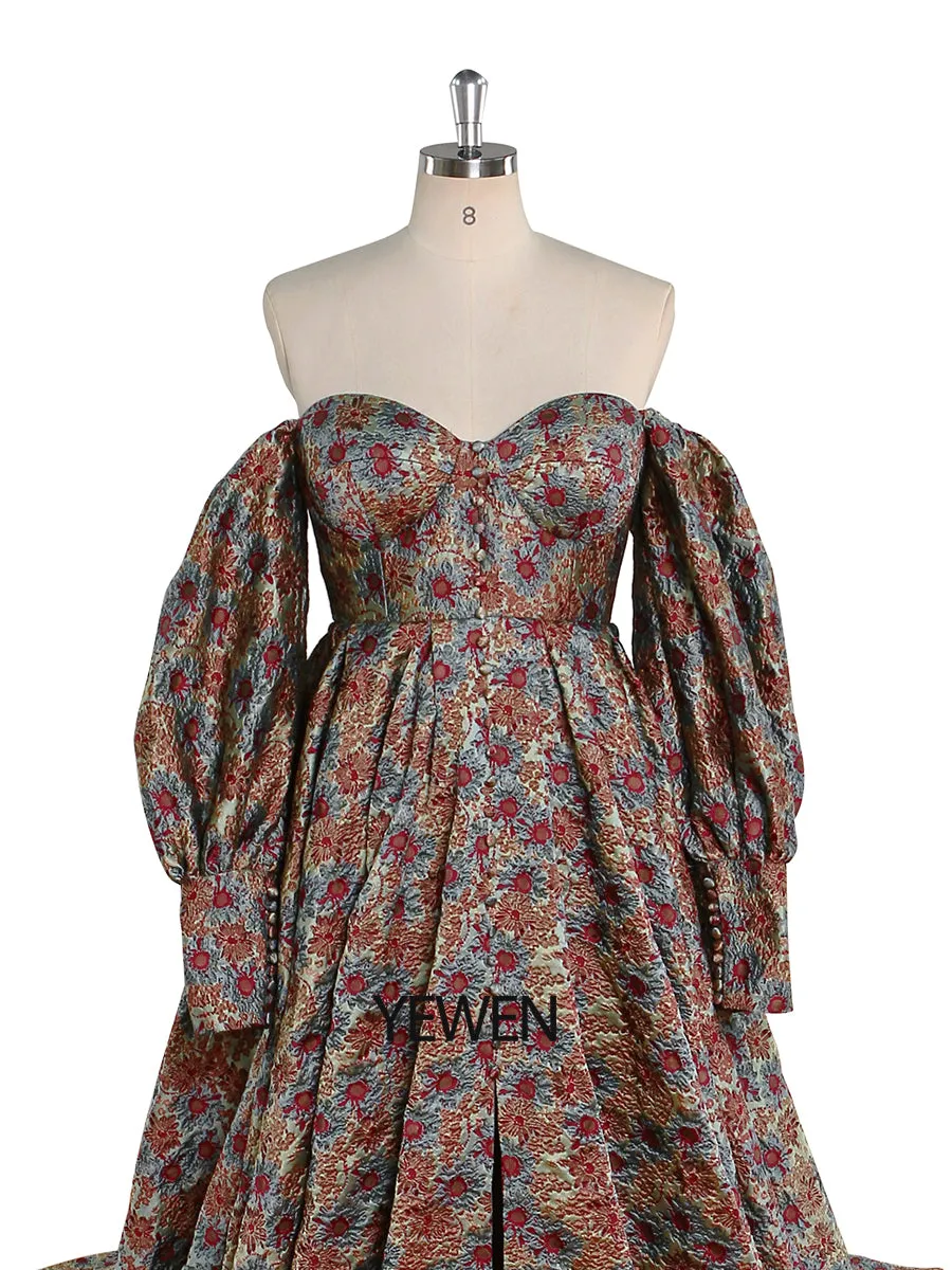 High-Quality Elegant Jacquard Floral Evening Dress Long Sleeve Retro Prom Gown Photo Shoot Dress YEWEN YW221031