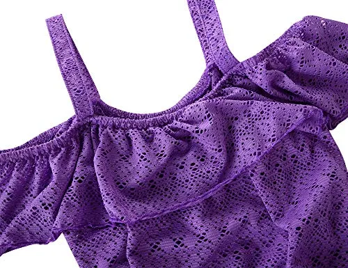 Hilor Girl's Cover-ups Swimwear Off Shoulder Swimdress Ruffled Beach Dress Kids Cover Up Purple 6-7 Yrs