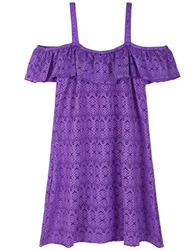 Hilor Girl's Cover-ups Swimwear Off Shoulder Swimdress Ruffled Beach Dress Kids Cover Up Purple 6-7 Yrs