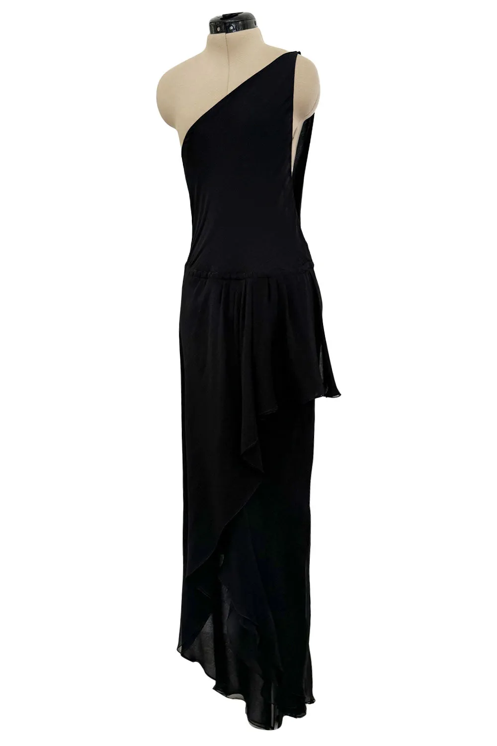Important Spring 1979 Halston Couture Runway Black Silk Chiffon One Shoulder Wrap Dress