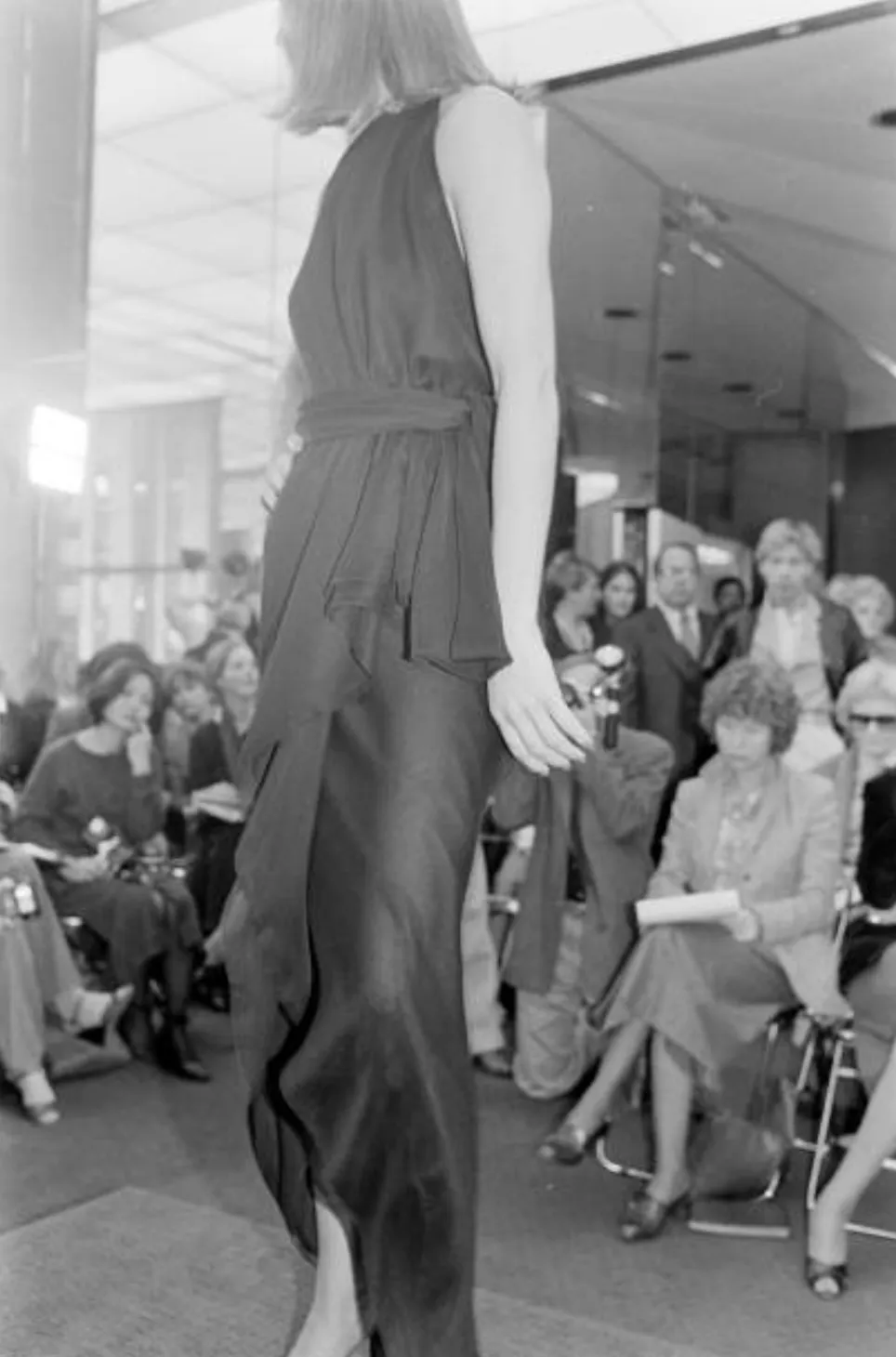 Important Spring 1979 Halston Couture Runway Black Silk Chiffon One Shoulder Wrap Dress