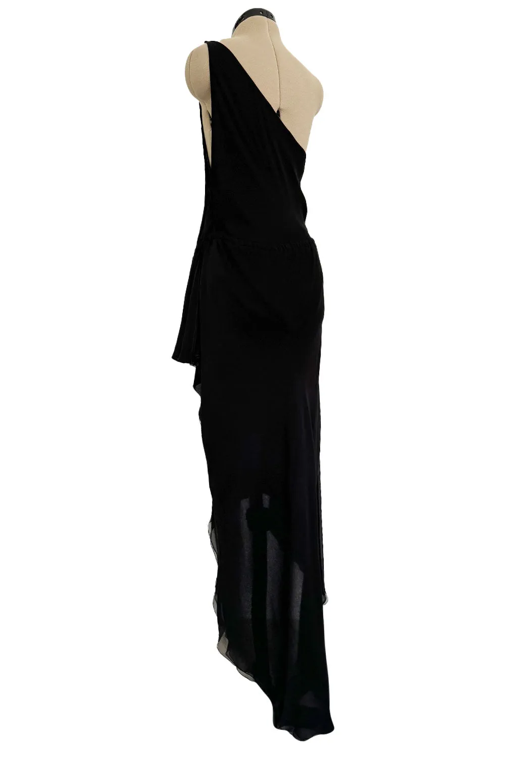 Important Spring 1979 Halston Couture Runway Black Silk Chiffon One Shoulder Wrap Dress
