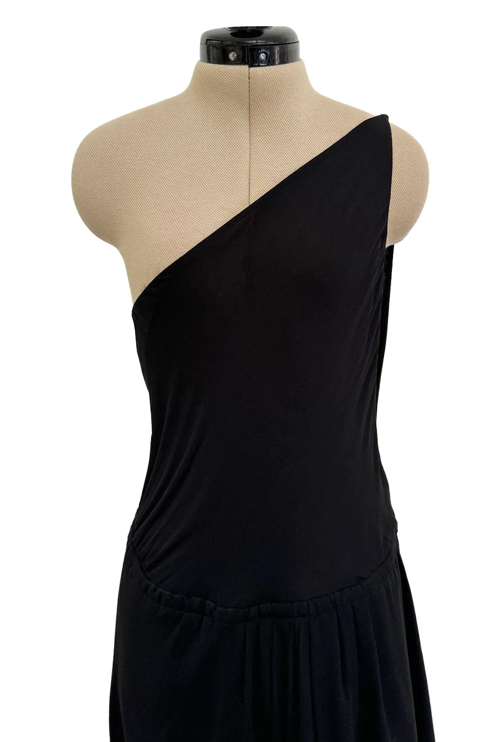 Important Spring 1979 Halston Couture Runway Black Silk Chiffon One Shoulder Wrap Dress