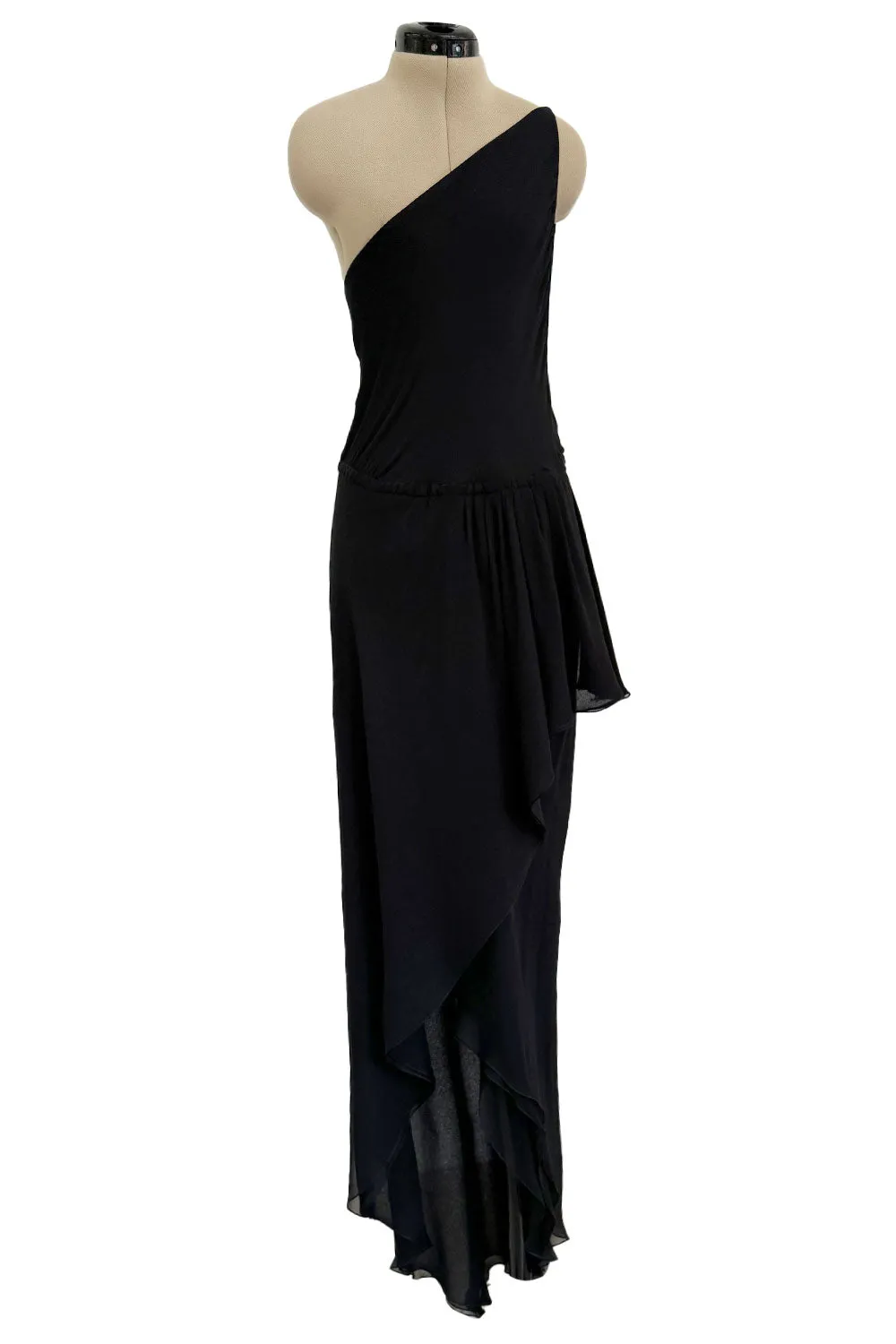 Important Spring 1979 Halston Couture Runway Black Silk Chiffon One Shoulder Wrap Dress