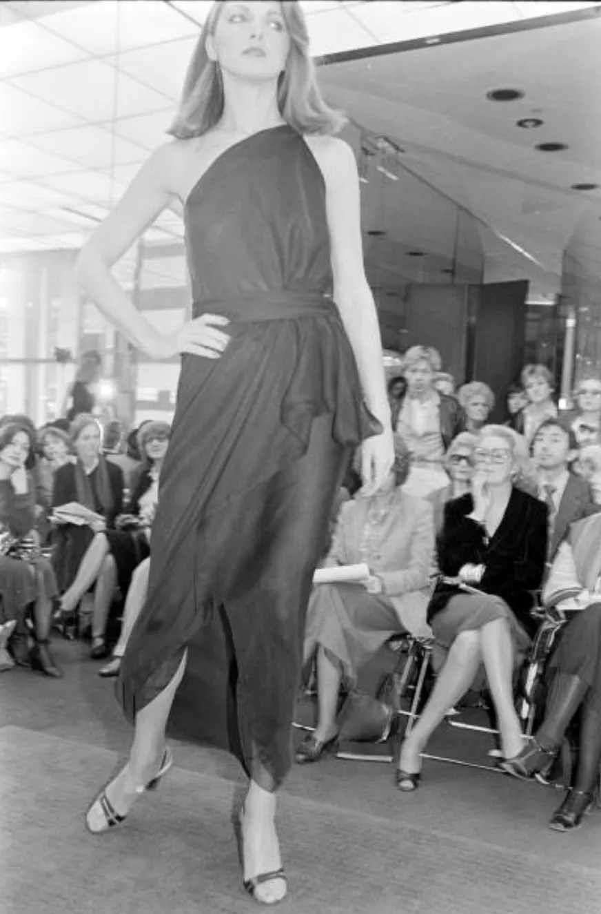 Important Spring 1979 Halston Couture Runway Black Silk Chiffon One Shoulder Wrap Dress