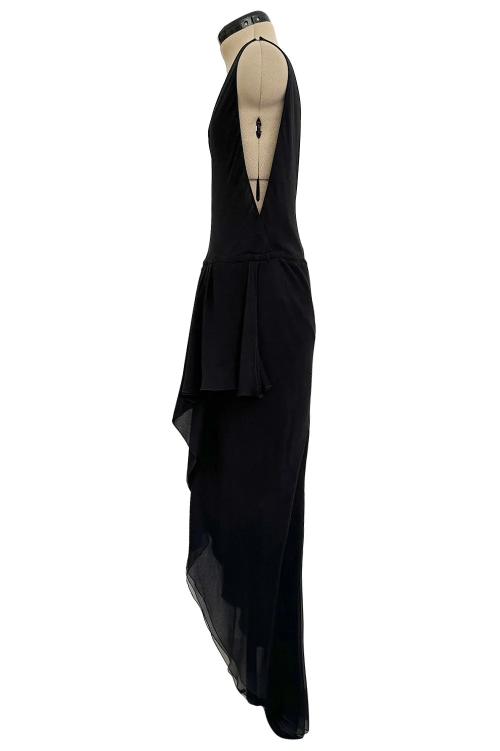 Important Spring 1979 Halston Couture Runway Black Silk Chiffon One Shoulder Wrap Dress