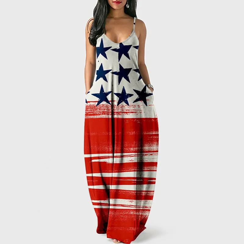 Independence Day Flag Print Sleeveless Loose Maxi Dress