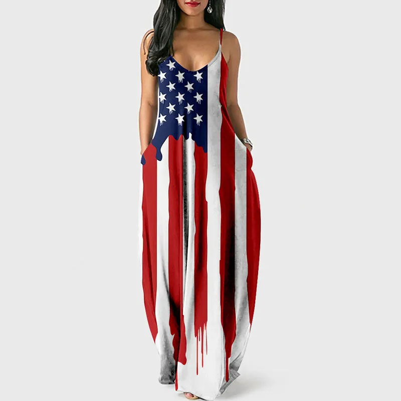 Independence Day Flag Print Sleeveless Loose Maxi Dress