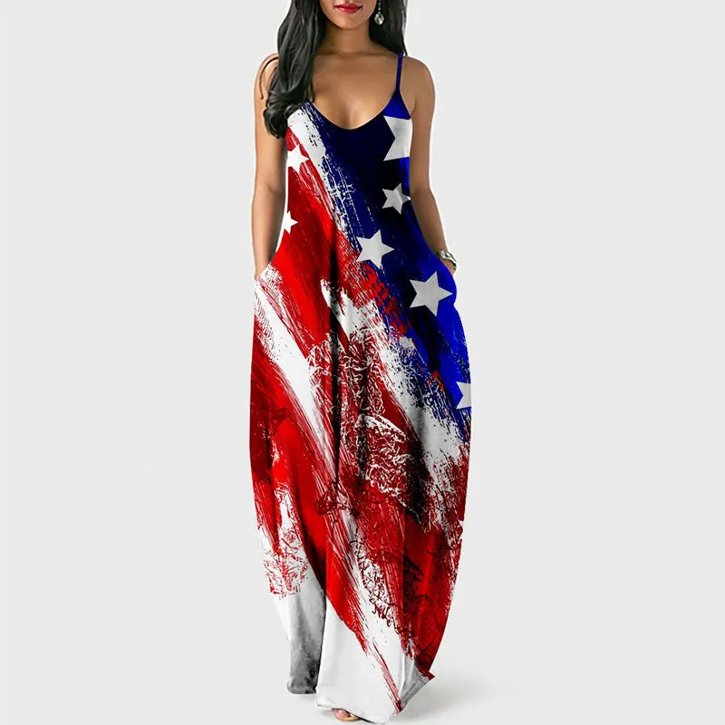 Independence Day Flag Print Sleeveless Loose Maxi Dress