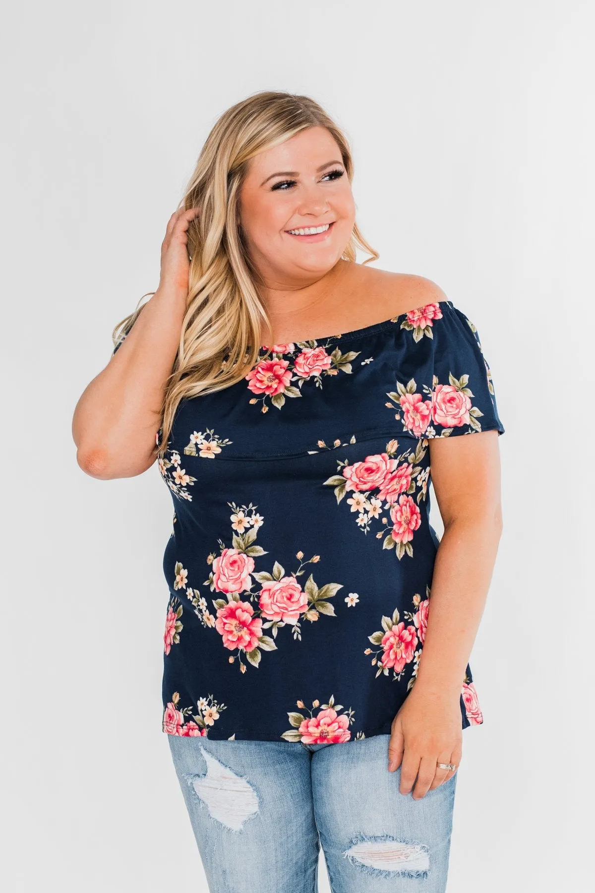 Island Beauty Off The Shoulder Floral Top- Navy