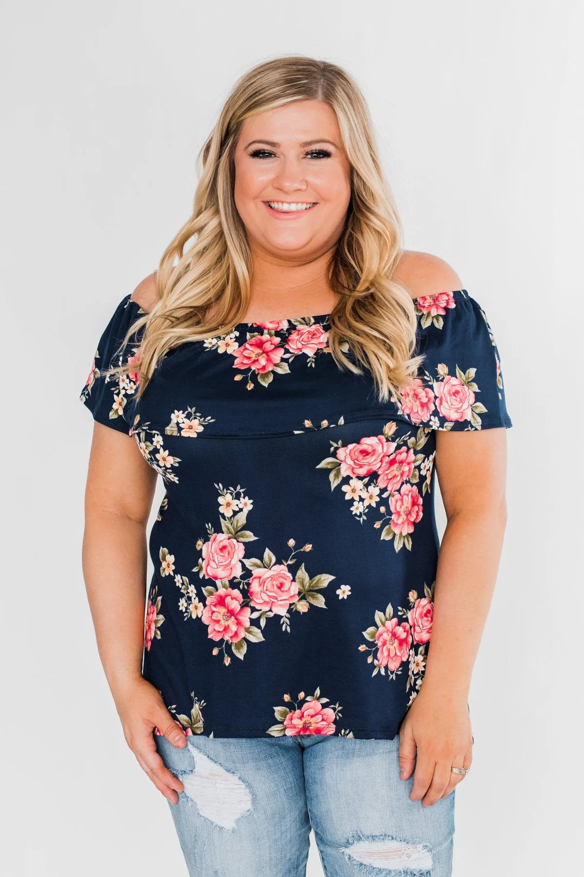 Island Beauty Off The Shoulder Floral Top- Navy