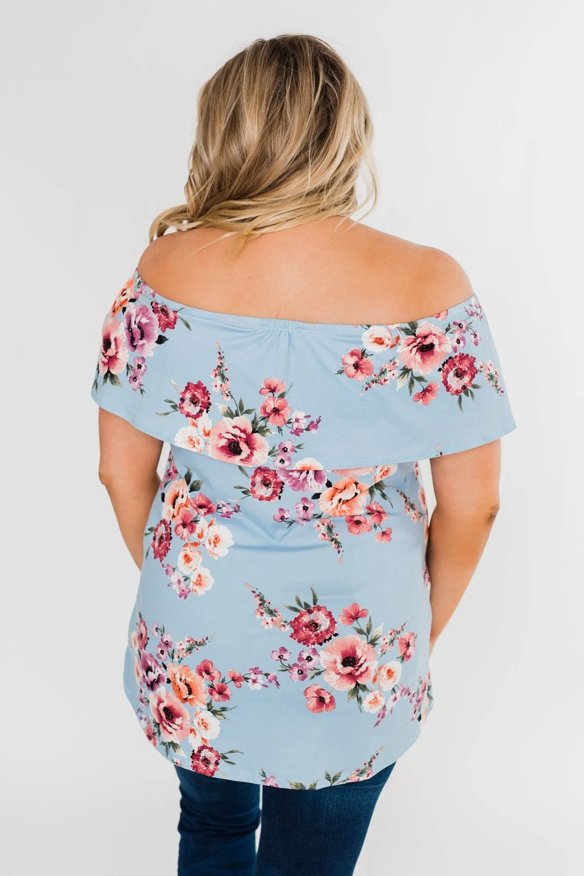 Island Beauty Off The Shoulder Floral Top- Sky Blue