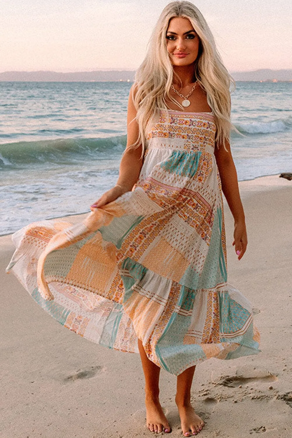 KaleaBoutique Boho Patchwork Print Square Neck Sundress