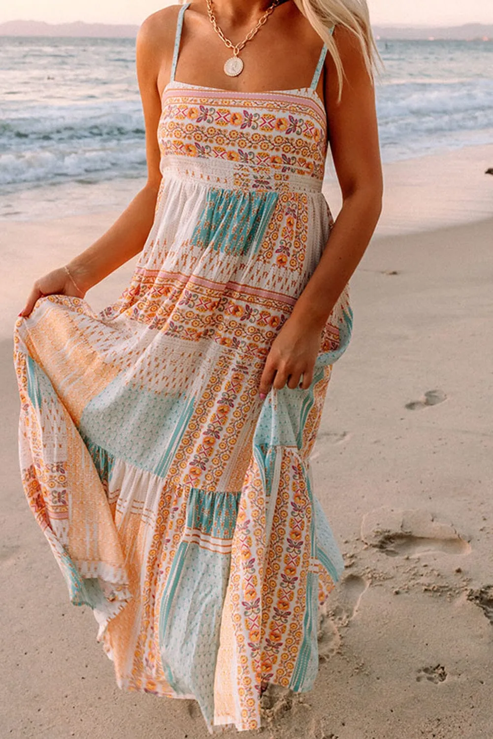 KaleaBoutique Boho Patchwork Print Square Neck Sundress