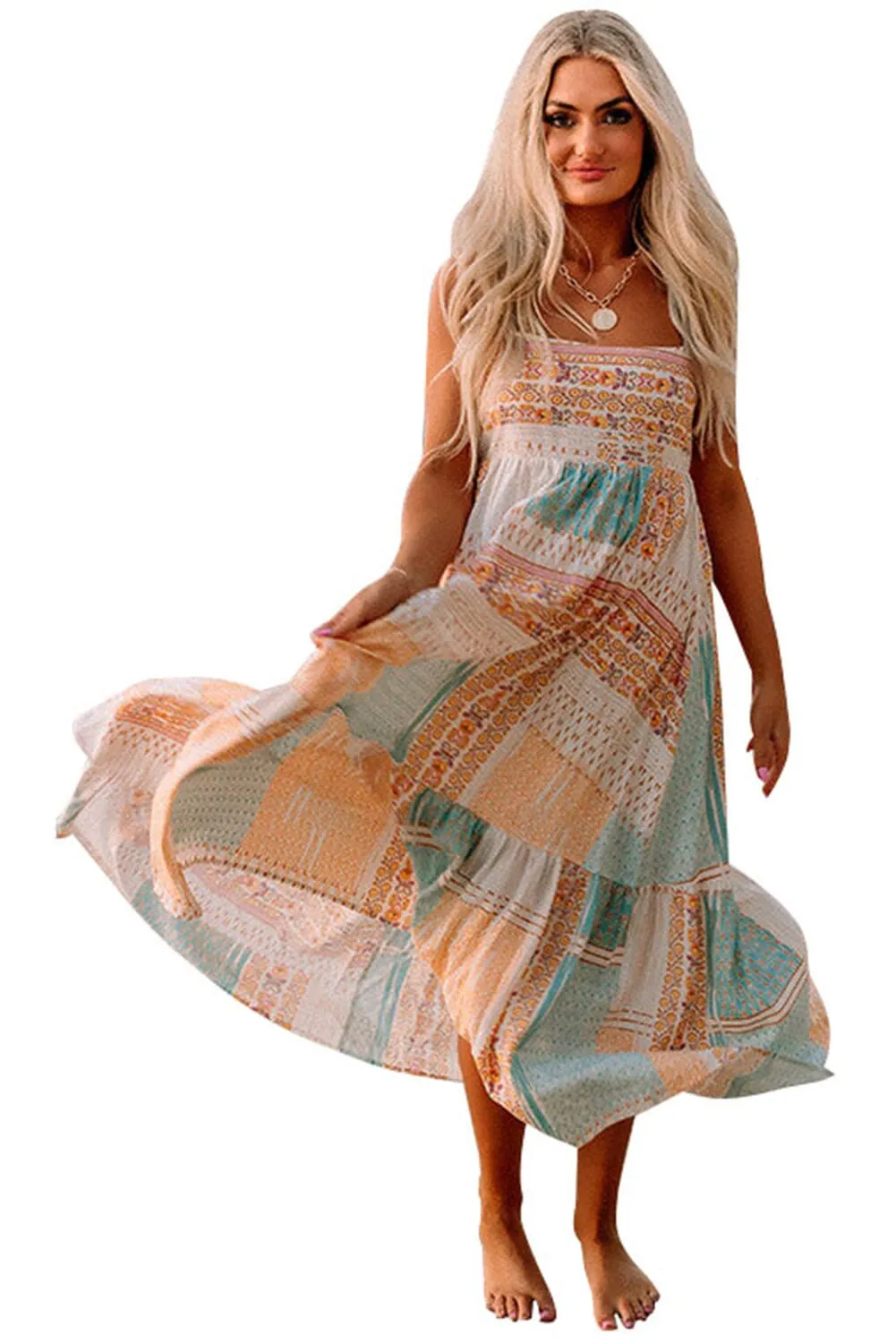 KaleaBoutique Boho Patchwork Print Square Neck Sundress