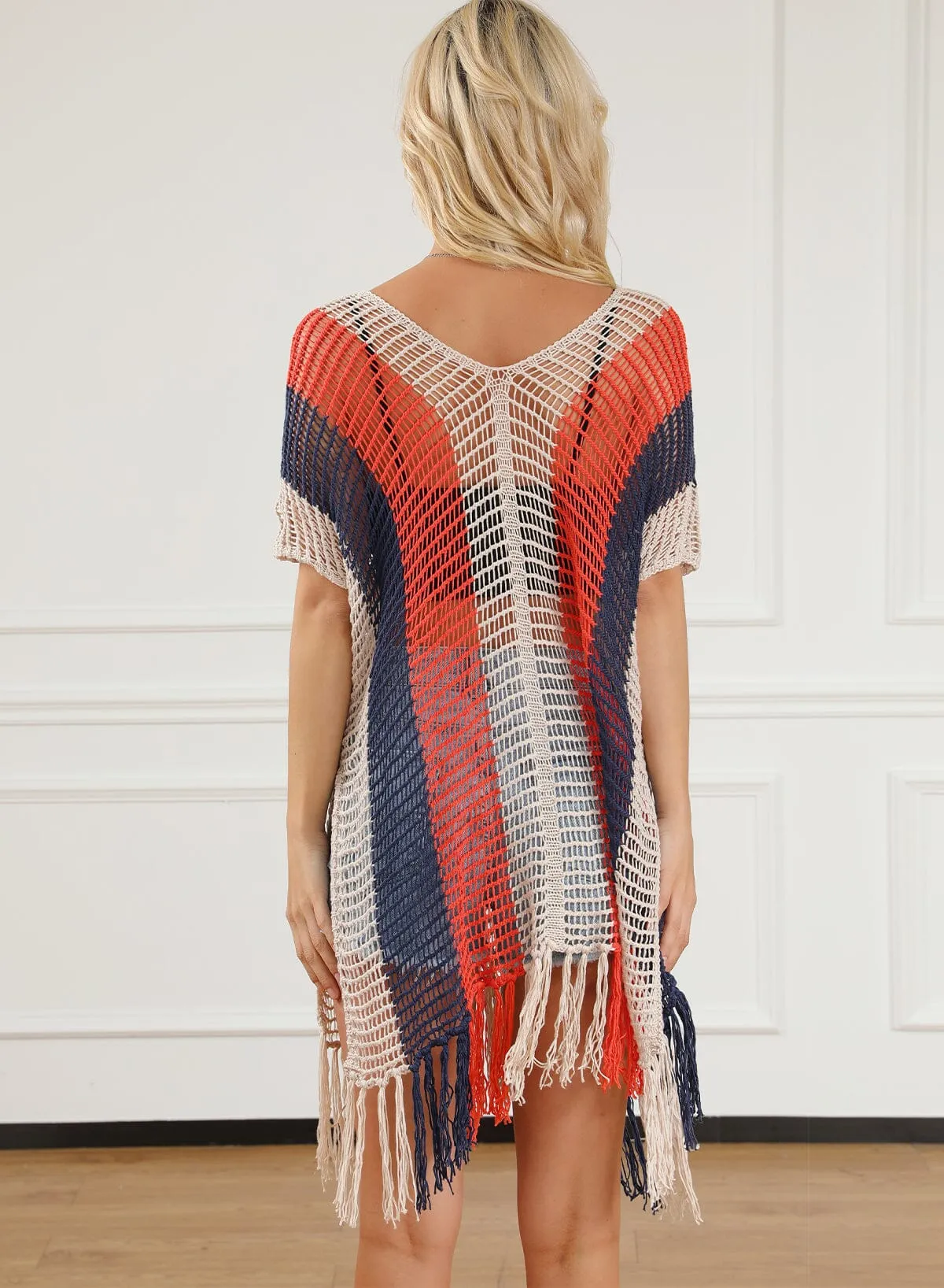 KaleaBoutique Striped Tassel Crochet V Neck Beach Cover Up