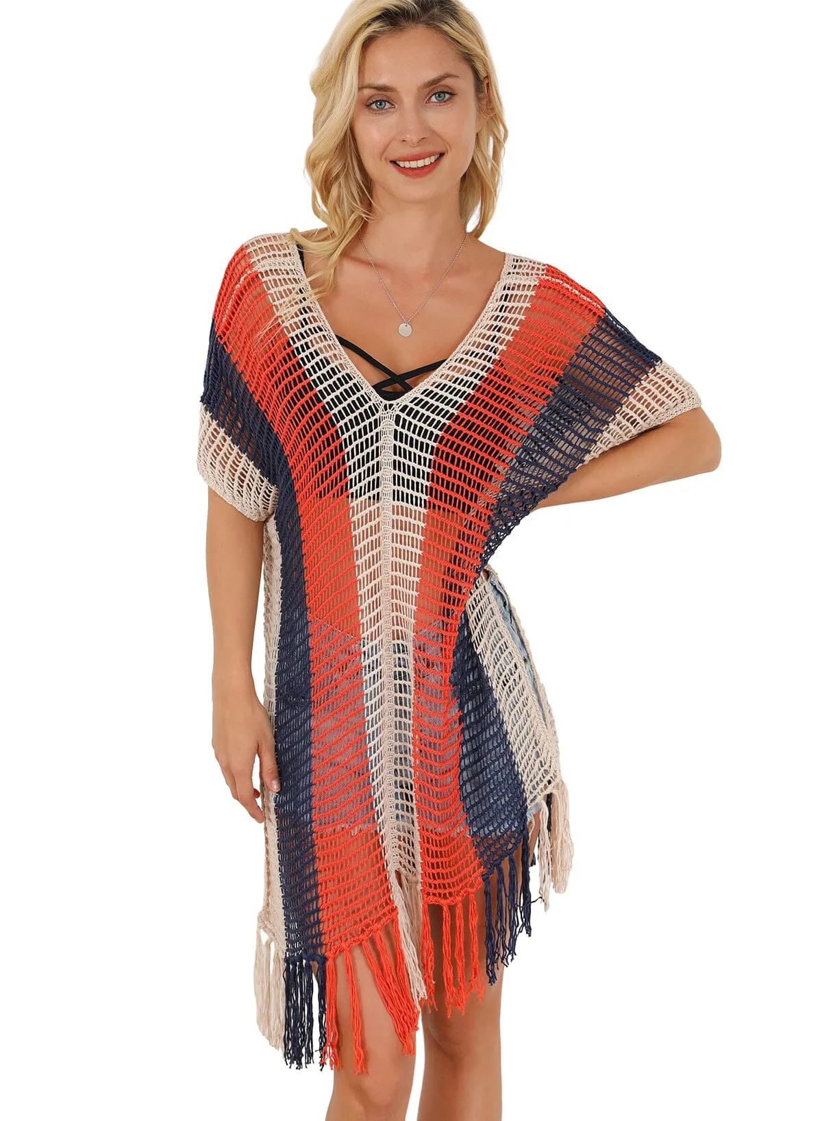 KaleaBoutique Striped Tassel Crochet V Neck Beach Cover Up