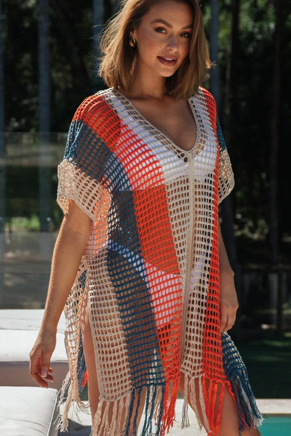 KaleaBoutique Striped Tassel Crochet V Neck Beach Cover Up