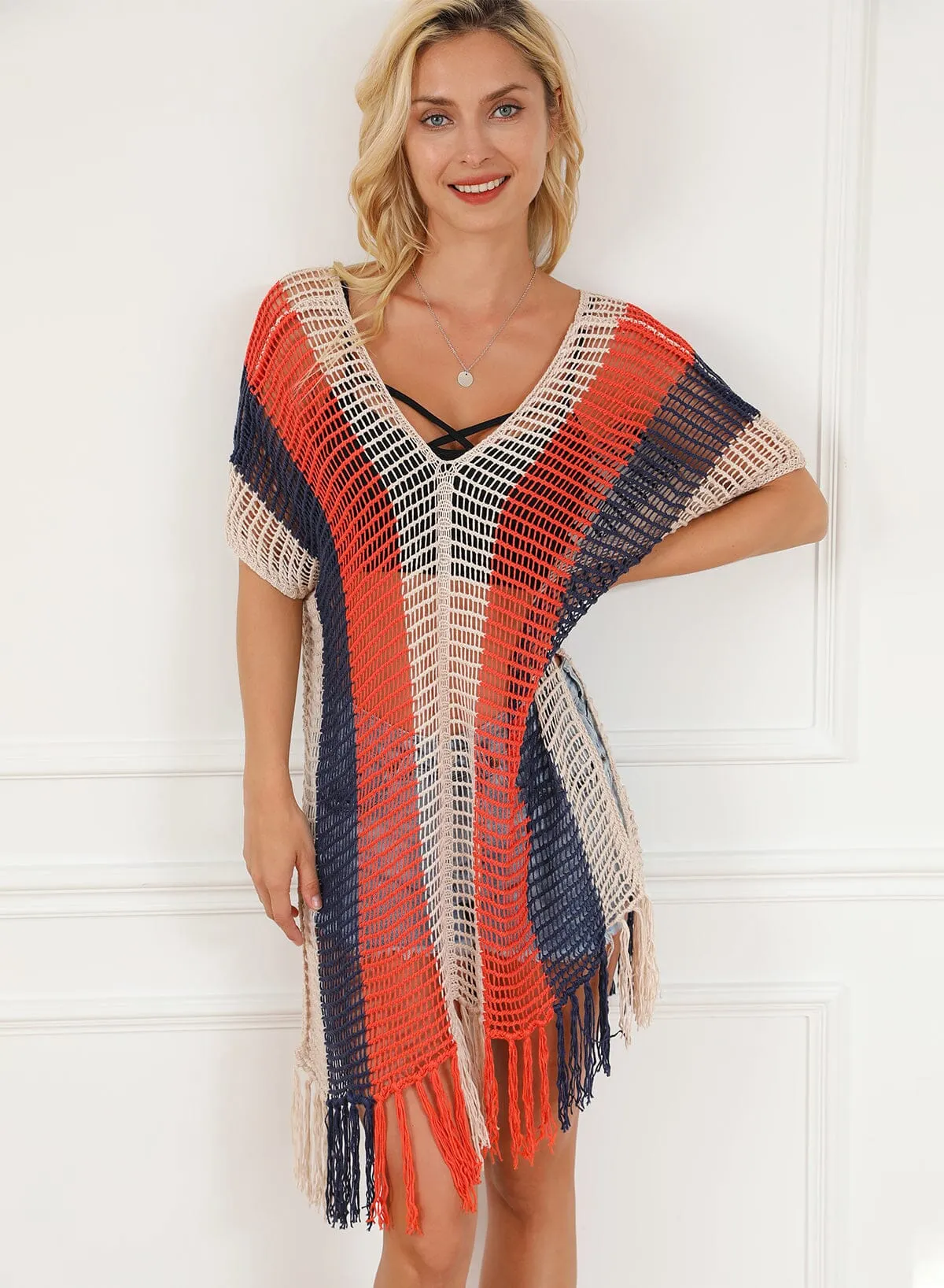 KaleaBoutique Striped Tassel Crochet V Neck Beach Cover Up