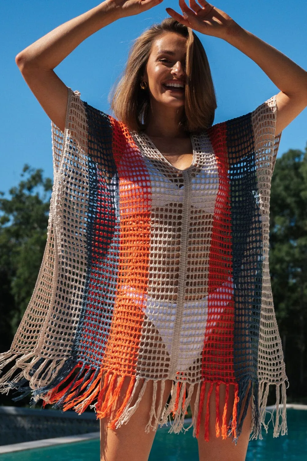 KaleaBoutique Striped Tassel Crochet V Neck Beach Cover Up