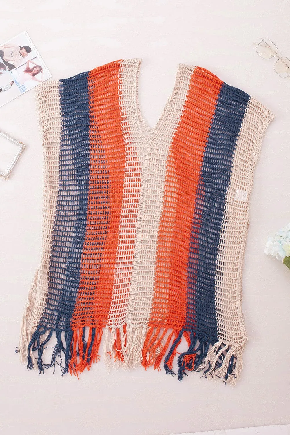 KaleaBoutique Striped Tassel Crochet V Neck Beach Cover Up
