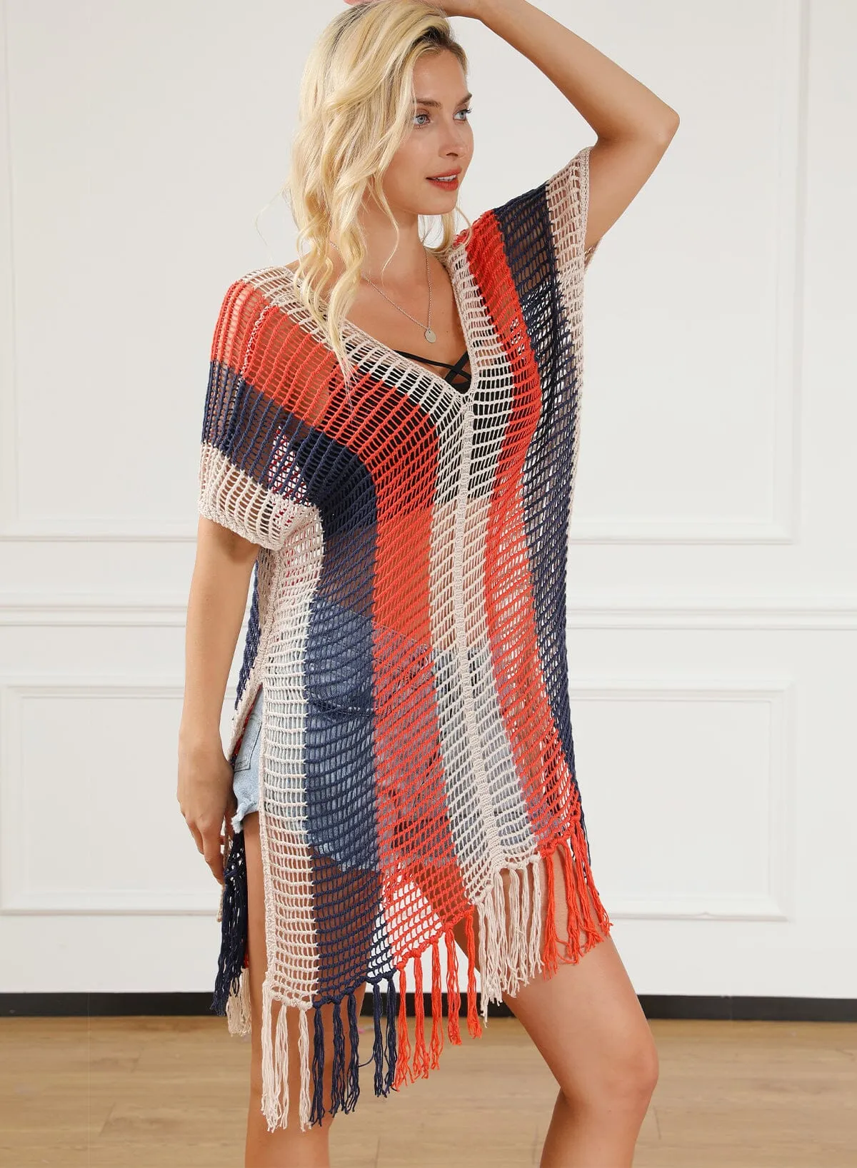 KaleaBoutique Striped Tassel Crochet V Neck Beach Cover Up