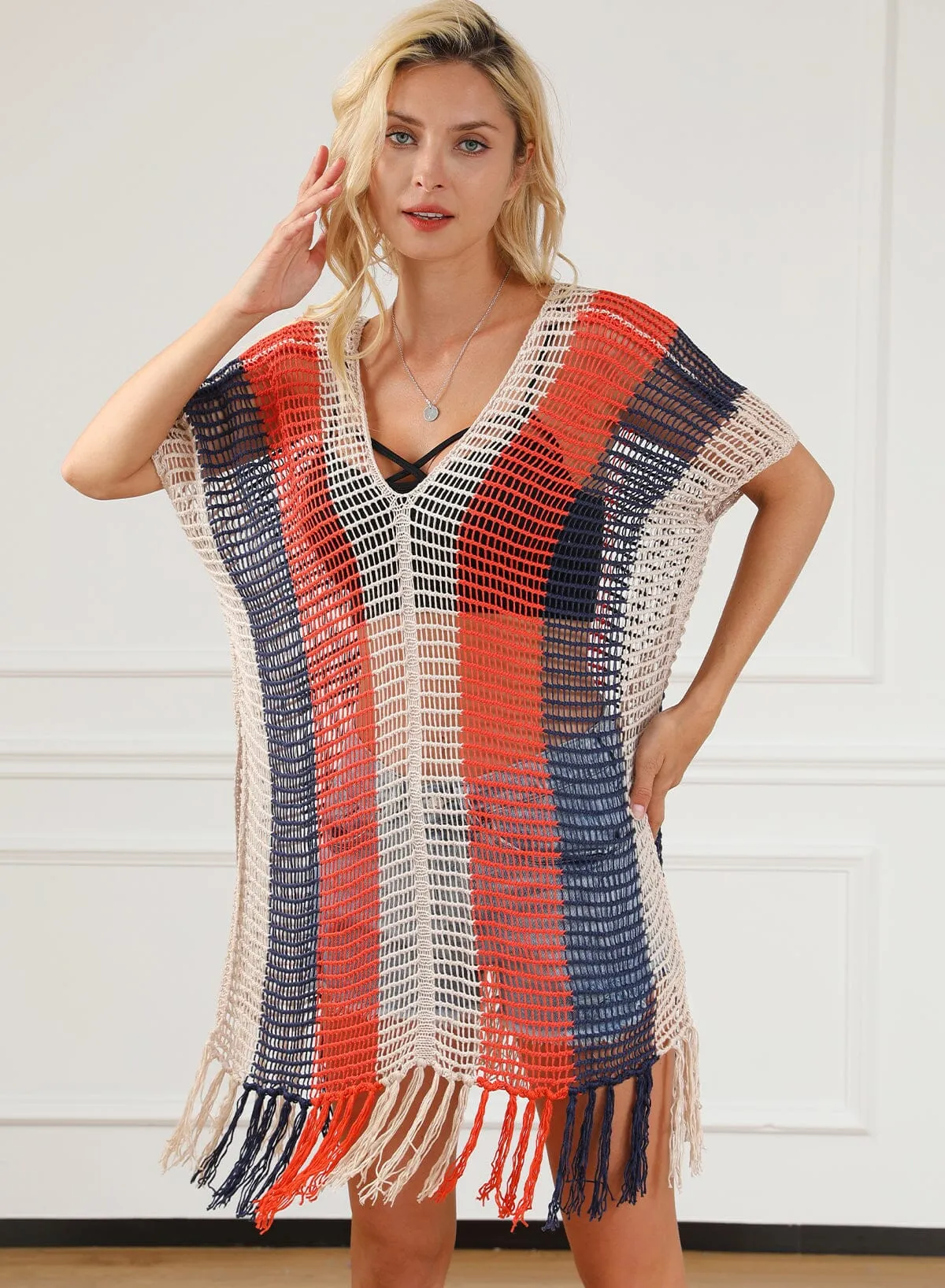 KaleaBoutique Striped Tassel Crochet V Neck Beach Cover Up