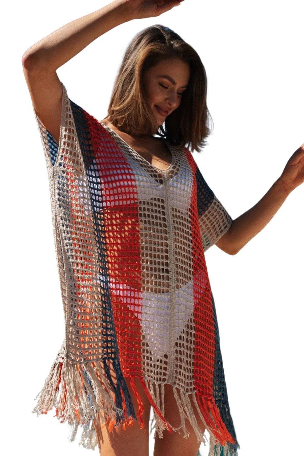 KaleaBoutique Striped Tassel Crochet V Neck Beach Cover Up