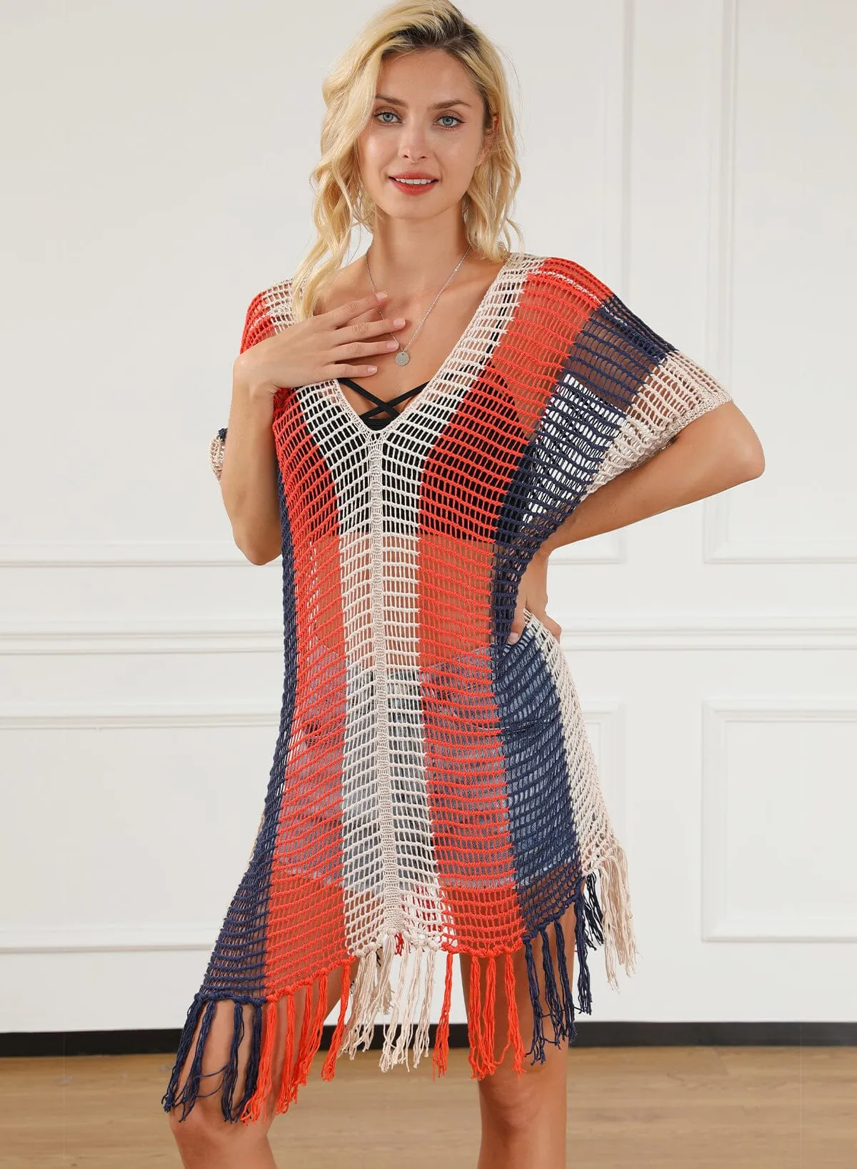 KaleaBoutique Striped Tassel Crochet V Neck Beach Cover Up