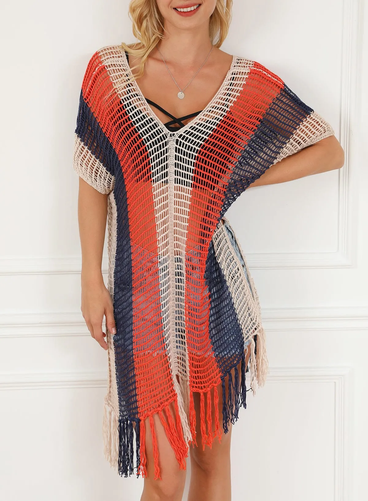 KaleaBoutique Striped Tassel Crochet V Neck Beach Cover Up
