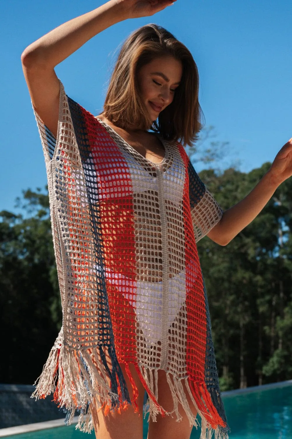 KaleaBoutique Striped Tassel Crochet V Neck Beach Cover Up