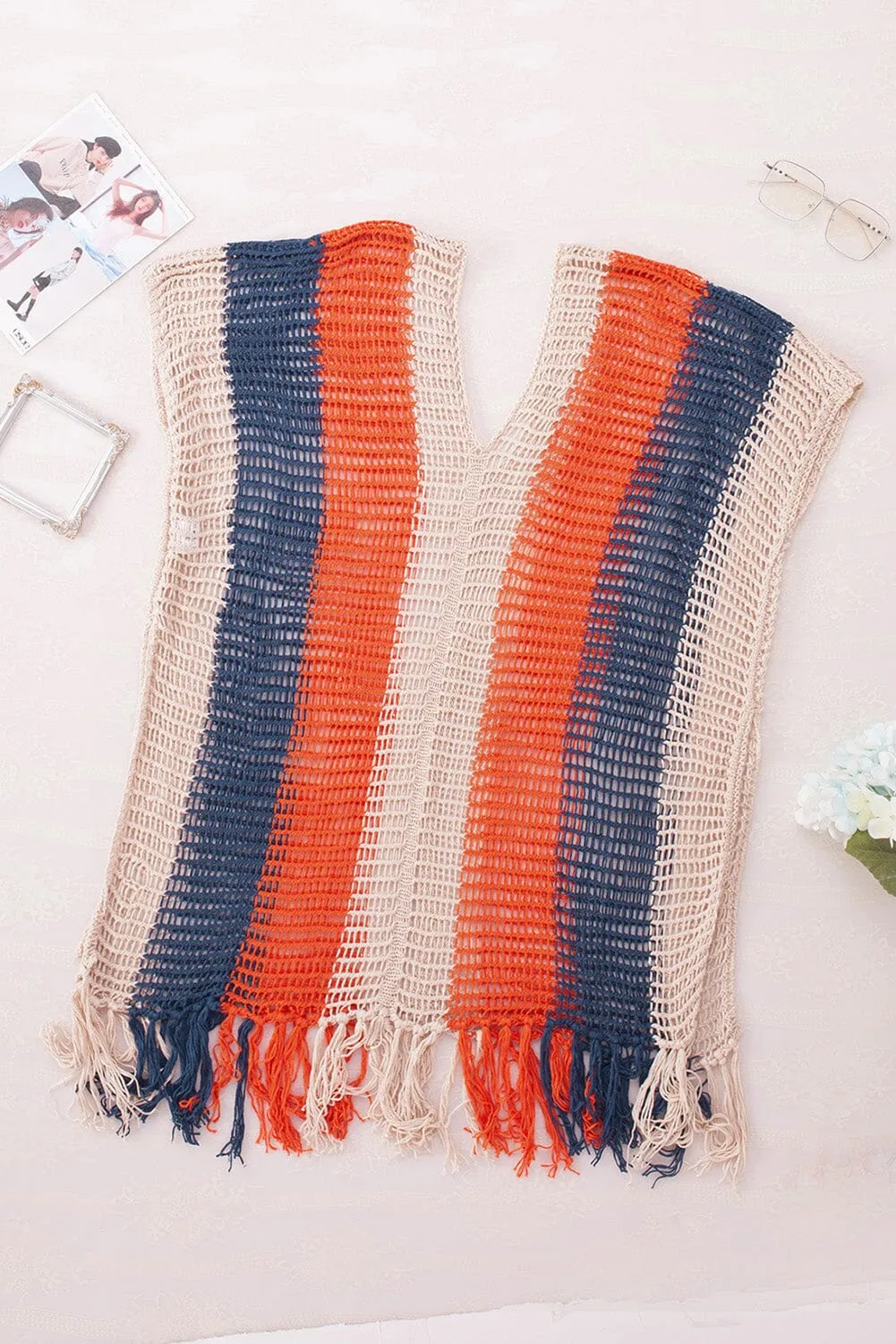KaleaBoutique Striped Tassel Crochet V Neck Beach Cover Up