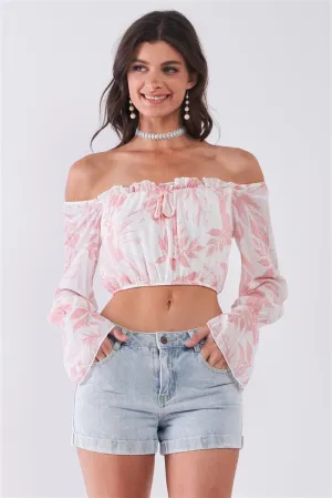 Leaf Print Off-the-shoulder Long Flounce Sleeve Self-tie Front Cropped Top