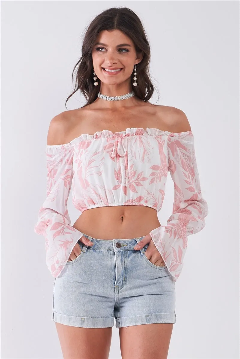 Leaf Print Off-the-shoulder Long Flounce Sleeve Self-tie Front Cropped Top
