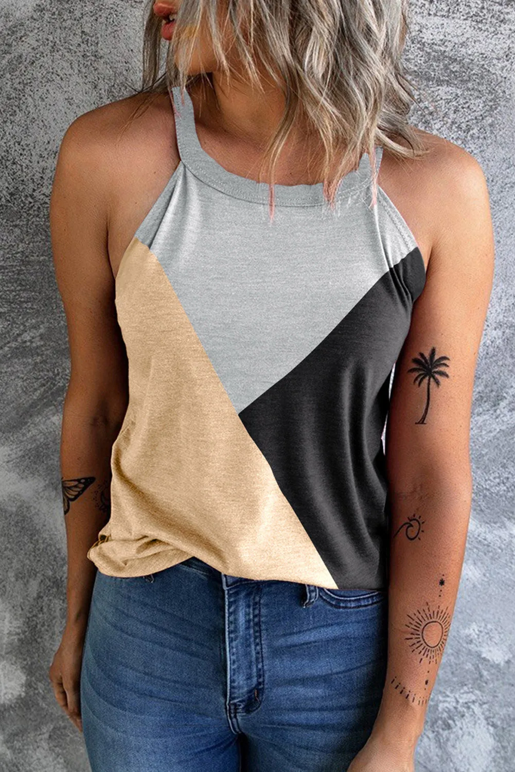 Light French Beige Color Block Sleeveless Top