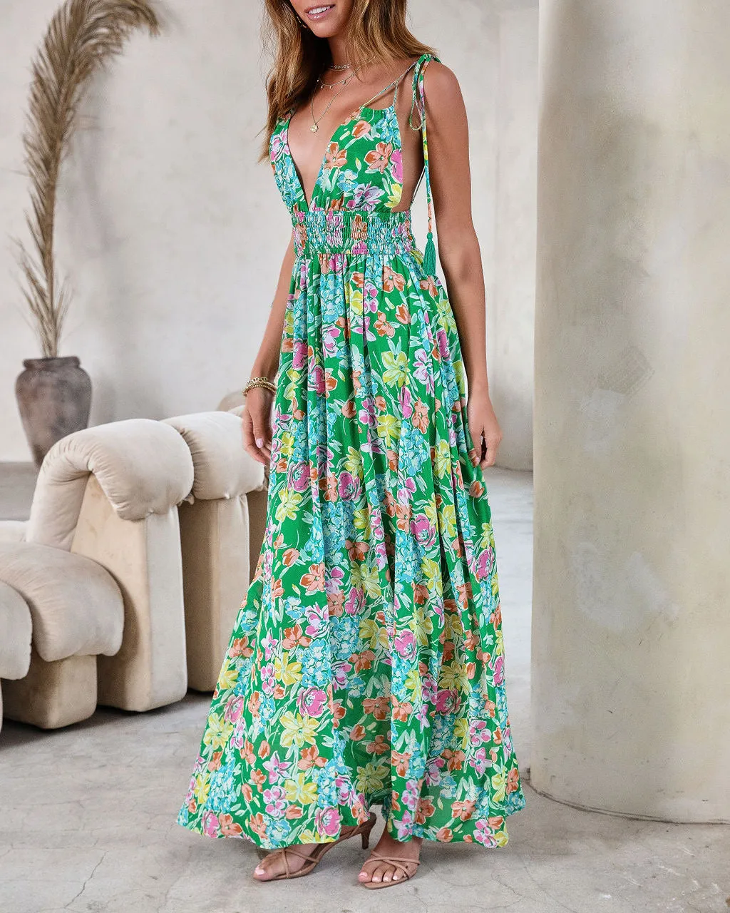 Liliana Floral Chiffon Shoulder Tie Maxi Dress