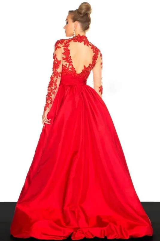 Long Sleeves Red A-Line Prom Dresses Evening Dress