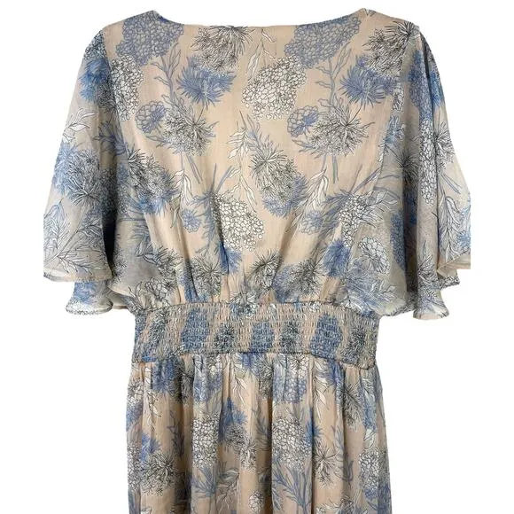 Lulus Subtle Romance Beige Floral Print Ruffled Midi Dress Large NWT Wedding