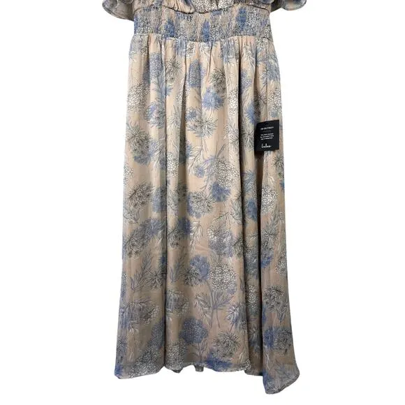 Lulus Subtle Romance Beige Floral Print Ruffled Midi Dress Large NWT Wedding