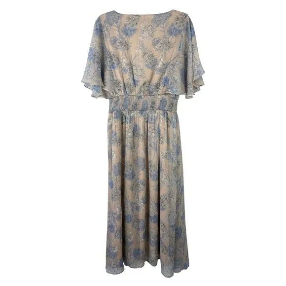 Lulus Subtle Romance Beige Floral Print Ruffled Midi Dress Large NWT Wedding