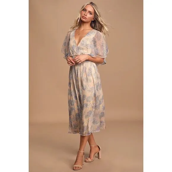 Lulus Subtle Romance Beige Floral Print Ruffled Midi Dress Large NWT Wedding