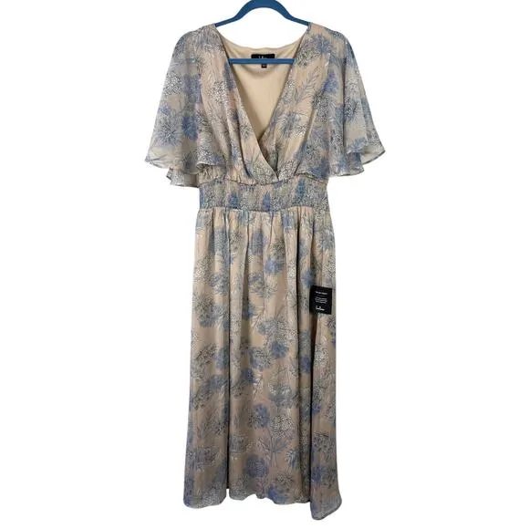 Lulus Subtle Romance Beige Floral Print Ruffled Midi Dress Large NWT Wedding