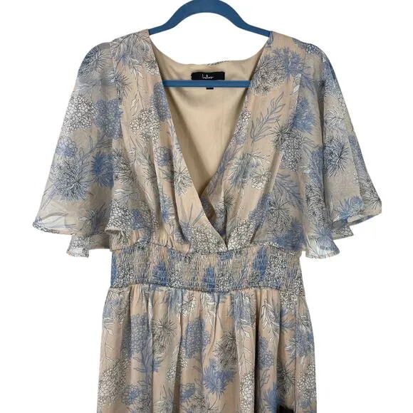 Lulus Subtle Romance Beige Floral Print Ruffled Midi Dress Large NWT Wedding