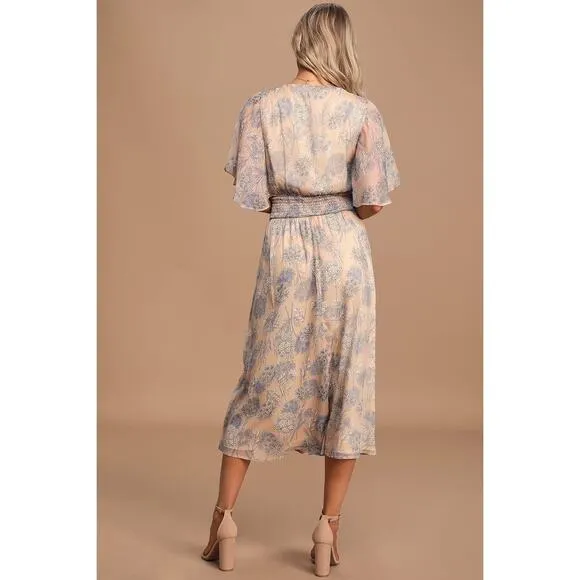 Lulus Subtle Romance Beige Floral Print Ruffled Midi Dress Large NWT Wedding