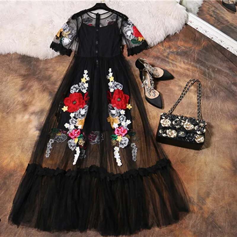 Luxury  Flower Embroidery Appliques Black Mesh  Maxi
