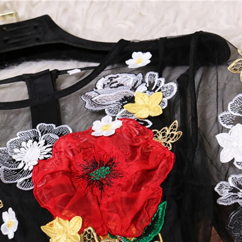Luxury  Flower Embroidery Appliques Black Mesh  Maxi